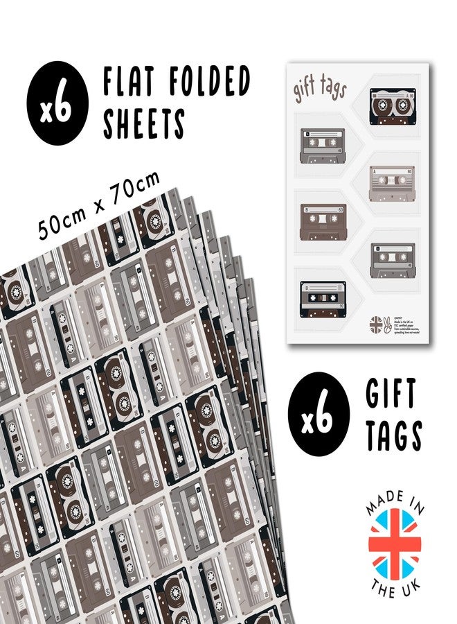 CENTRAL 23 Wrapping Paper for Men - 6 Sheets of Gift Wrap and Tags - Cassette Tapes - 80s Retro Gifts - Birthday Wrapping Paper for Women - Comes with Fun Stickers - Recyclable - Image 2